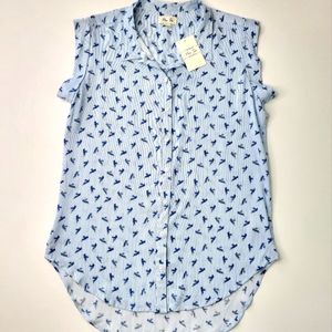 Per Se Blue Striped Blouse with Birds